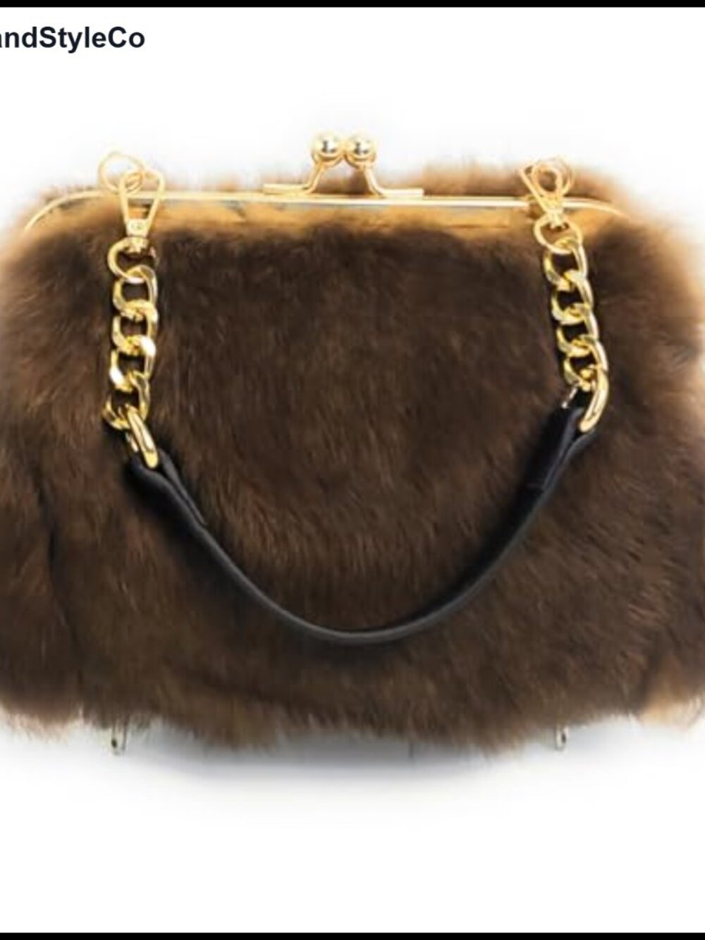 Genuine Rabbit Fur Kisslock Clutch Handbag with Gold-Tone Chain